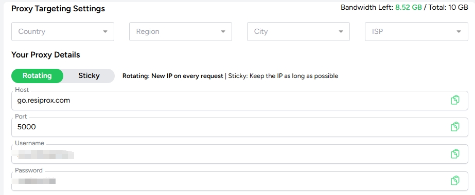 ResiProx Targeting Settings